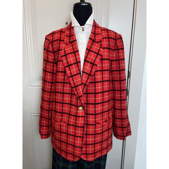 Courtenay Vintage Plaid Red Black Single-Button Blazer w/Shoulder Pads Size 14 - Picture 2 of 12